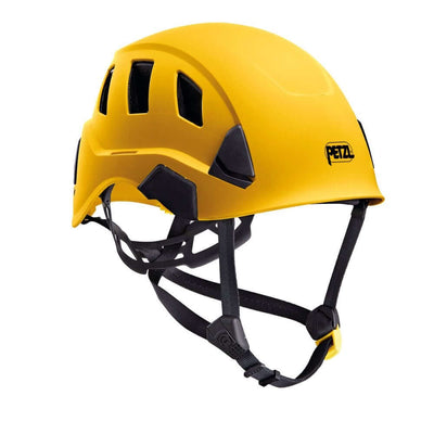 A yellwo Petzl Strato Vent climbing helmet with adjustable chinstrap and integrated headlamp slots.