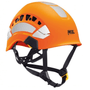 A high visibility orange climbing helmet with a Petzl logo on the front and a black chinstrap.