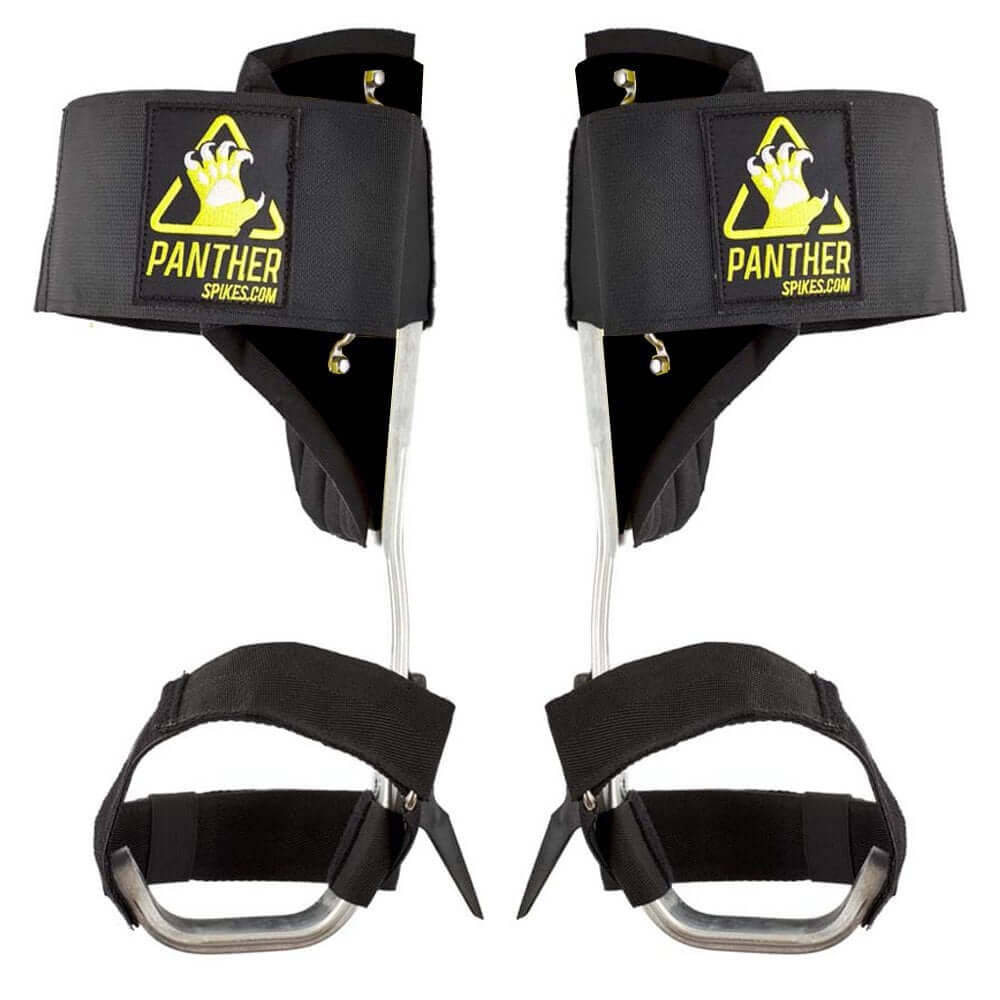 A pair of Panther Aluminium Velcro Tree Climbing Spikes with black straps and silver-colored hooks.