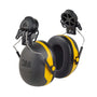 A pair of 3M X-Series X2 Ear Defenders mounted on a helmet, featuring black and yellow coloration.