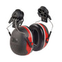 A pair of 3M Peltor X3 Helmet Mounted Ear Defender with black and red padding, attached to a helmet mount.