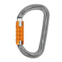 Petzl AM'D Triact D Shape Carabiner with silver body and orange Keylock system.