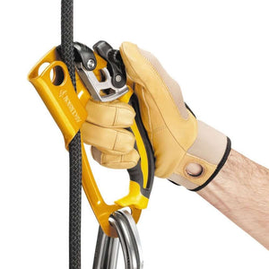 Petzl ASCENSION handled rope clamp in use, featuring an ergonomic grip, ideal for tree surgeons during ascents.