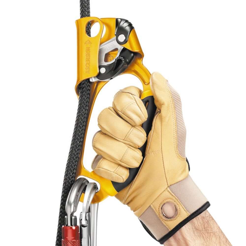 Petzl ASCENSION hand ascender in use by a tree surgeon, showcasing secure grip and ergonomic design.