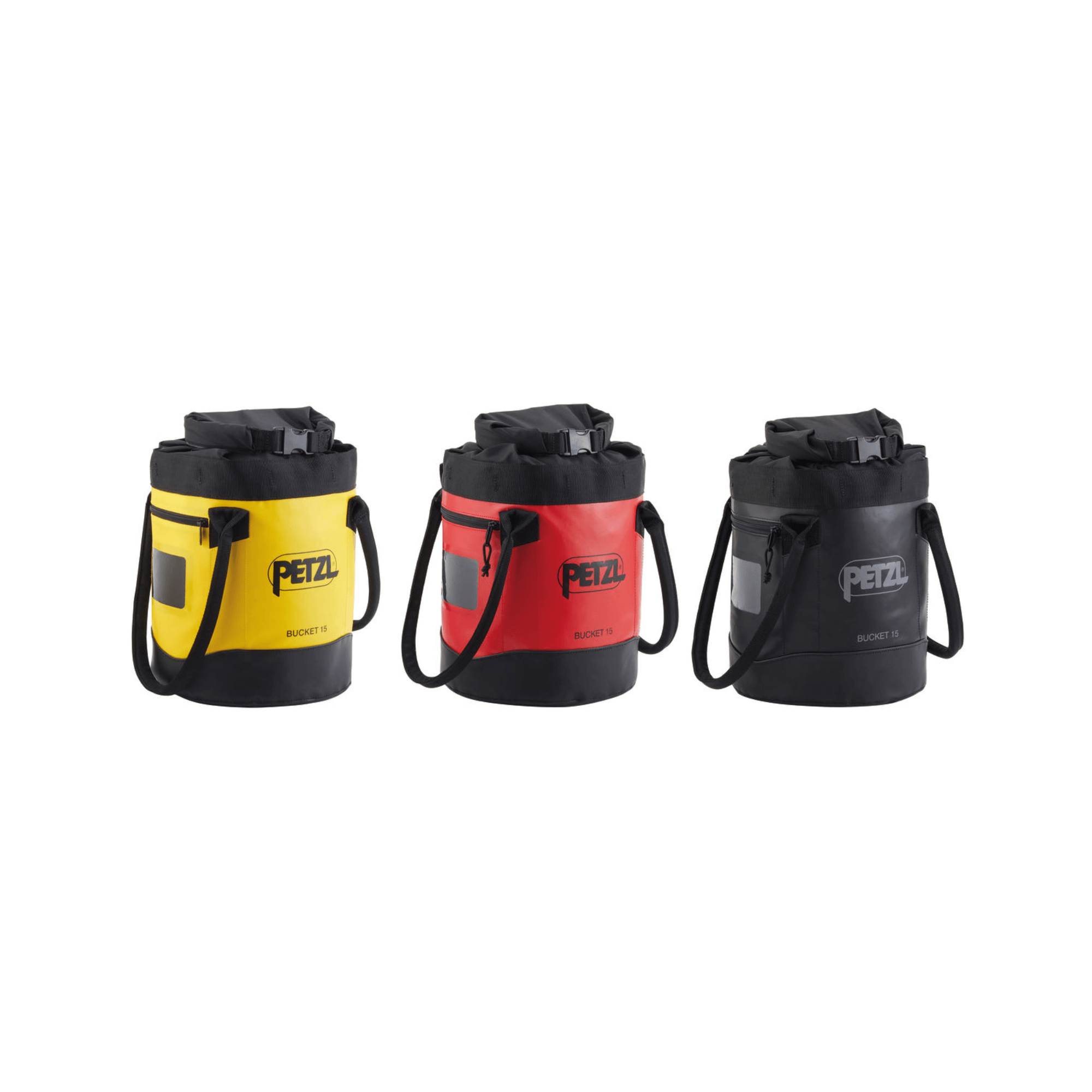 Three PETZL Bucket 15L Climbing Rope Bags in yellow, red, and black, ideal for arborists and tree surgeons.