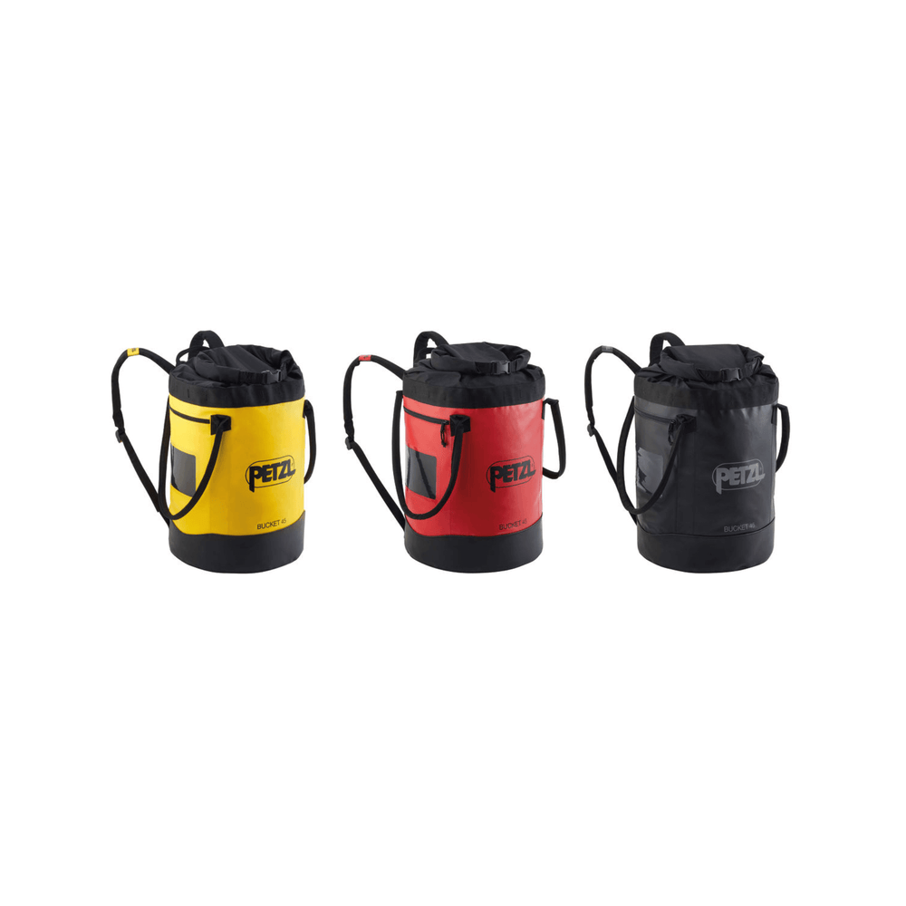 Bucket 45L Climbing Rope Bag in yellow, red, and black for tree surgeons and arborists.