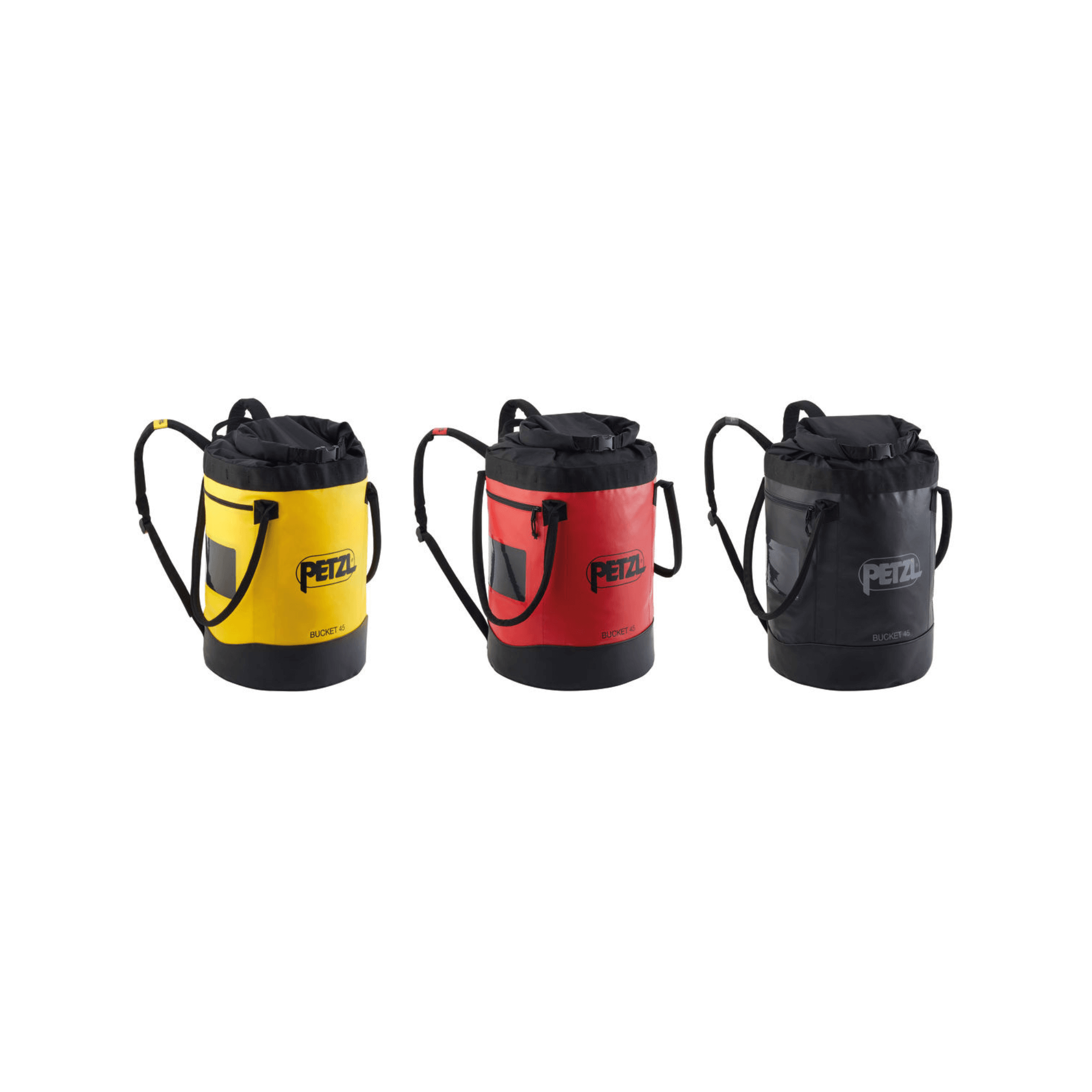 Bucket 45L Climbing Rope Bag in yellow, red, and black for tree surgeons and arborists.