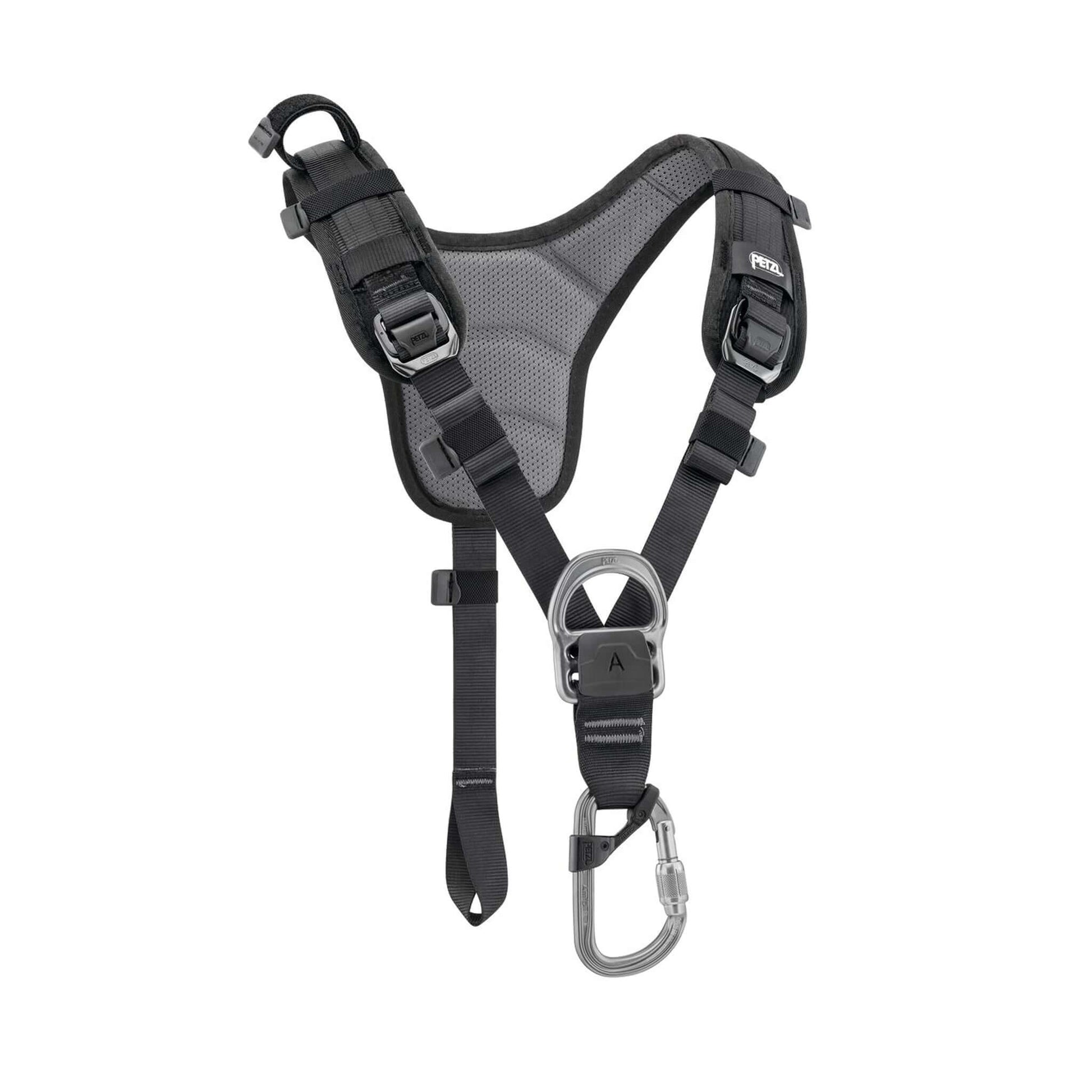 A black chest harness top with shoulder straps, a sternal attachment point, and a girth hitch.