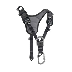 A black chest harness top with shoulder straps, a sternal attachment point, and a girth hitch.