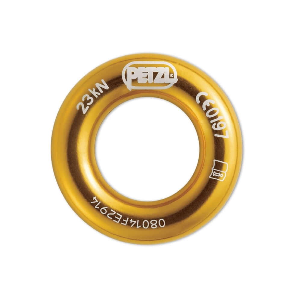 Two gold-colored Petzl connection rings, one larger and one smaller, designed for use in tree climbing equipment.