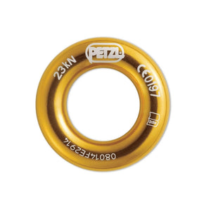 Two gold-colored Petzl connection rings, one larger and one smaller, designed for use in tree climbing equipment.