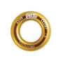 Two gold-colored Petzl connection rings, one larger and one smaller, designed for use in tree climbing equipment.