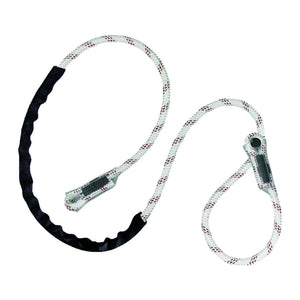 A Petzl Grillon replacement lanyard, featuring a metal carabiner and a textile strap, primarily in black and white colors.