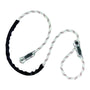 A Petzl Grillon replacement lanyard, featuring a metal carabiner and a textile strap, primarily in black and white colors.