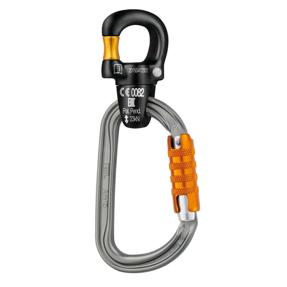Petzl Micro Swivel with gated attachment, ideal for tree surgeons and climbers managing lanyards in the UK.