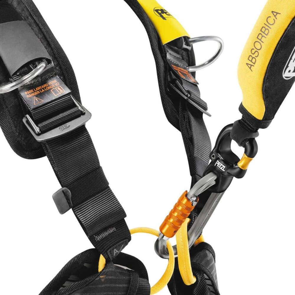 Close-up of PETZL harness and swivel attachment, showcasing secure lanyard management for tree surgeons and climbers.