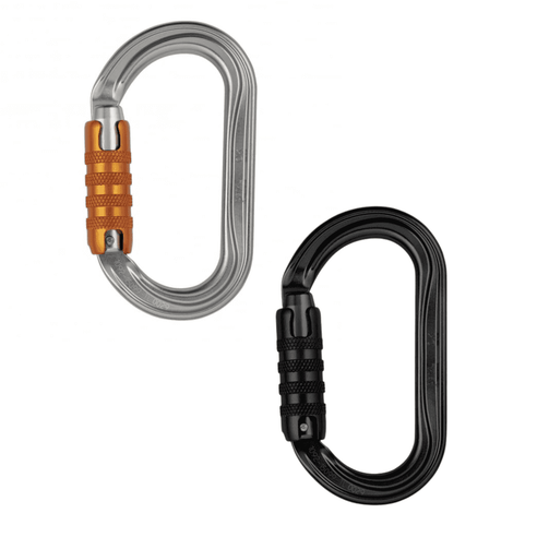 Two oval aluminium carabiners, one silver and one black, with locking mechanisms.