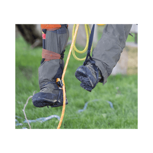Close-up of feet using Pantin CLICK Foot Ascender for efficient rope ascent by Tree Surgeon Arborist.