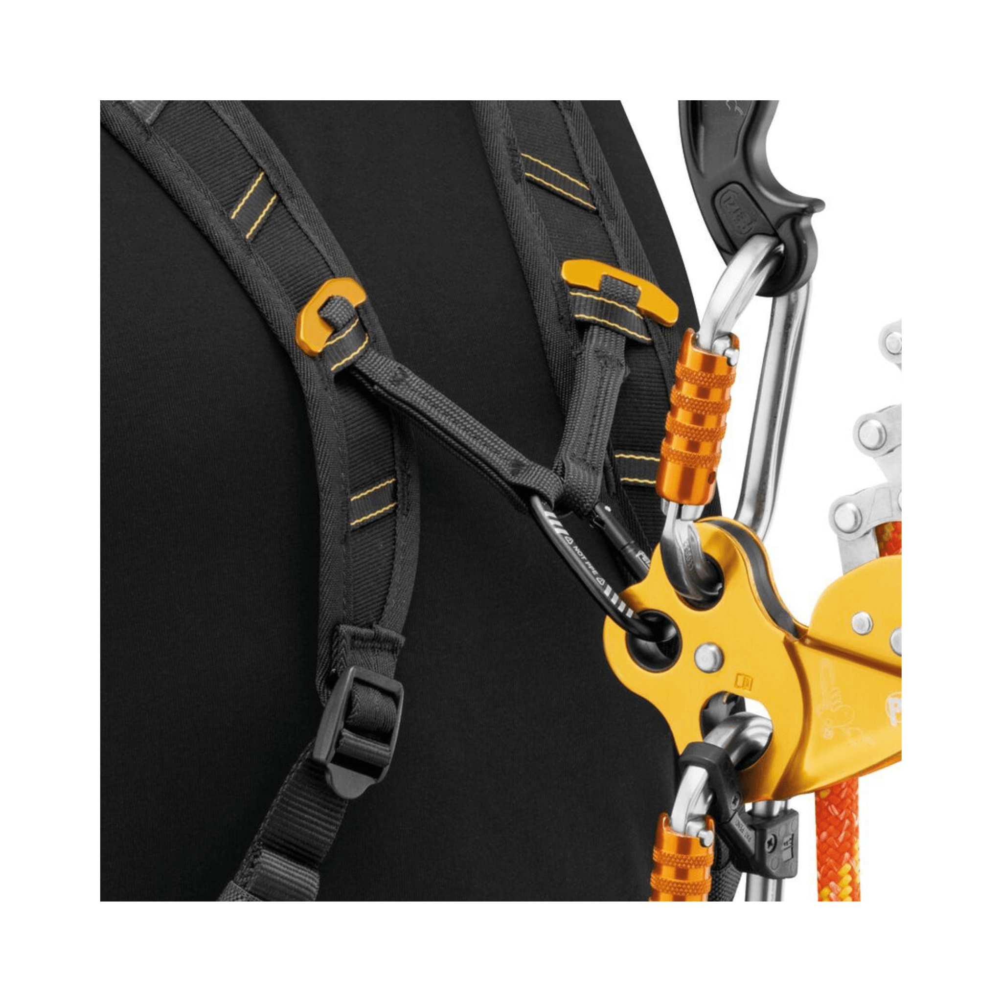 Close-up of PETZL SEQUOIA Shoulder Straps attaching to a climbing harness for arborists.