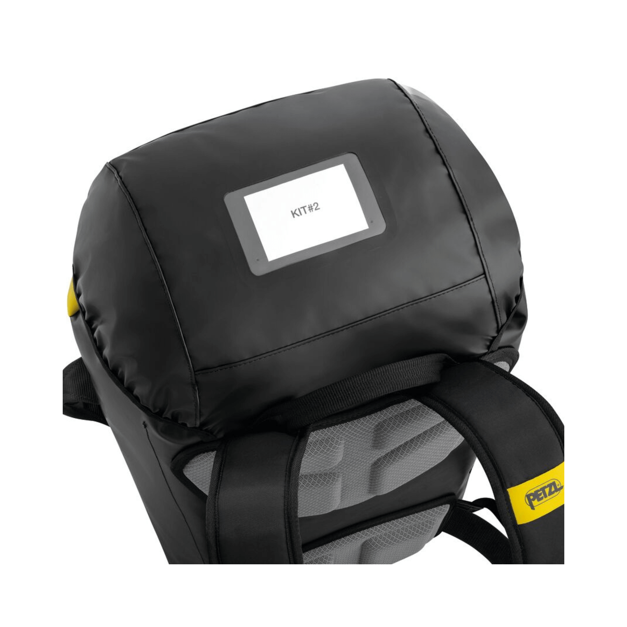 Petzl TRANSPORT 45-litre rope bag top view showing padded straps and label area for easy identification.