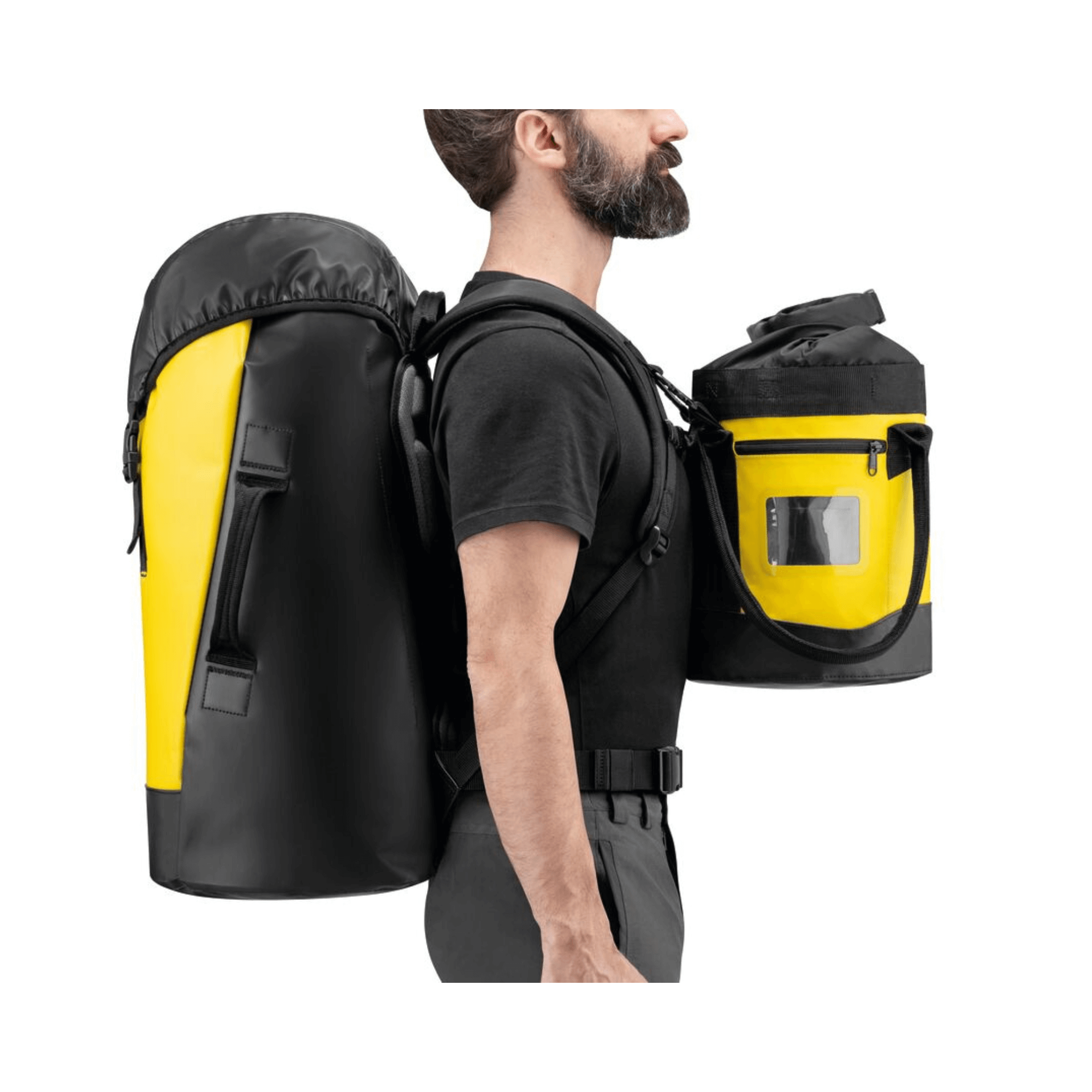 Petzl TRANSPORT 45 litre rope bag on a person's back, showcasing its durable design for tree surgeons and professionals.