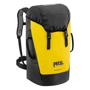 A yellow and black 45 litre rope bag designed for caving, featuring shoulder straps, a waistbelt, back panel, and two molded handles.