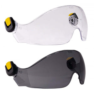 Two versions of the Petzl Vizir Eye Shield, one with a clear shield and one with a dark tinted shield, both attached to yellow and black helmet accessories.