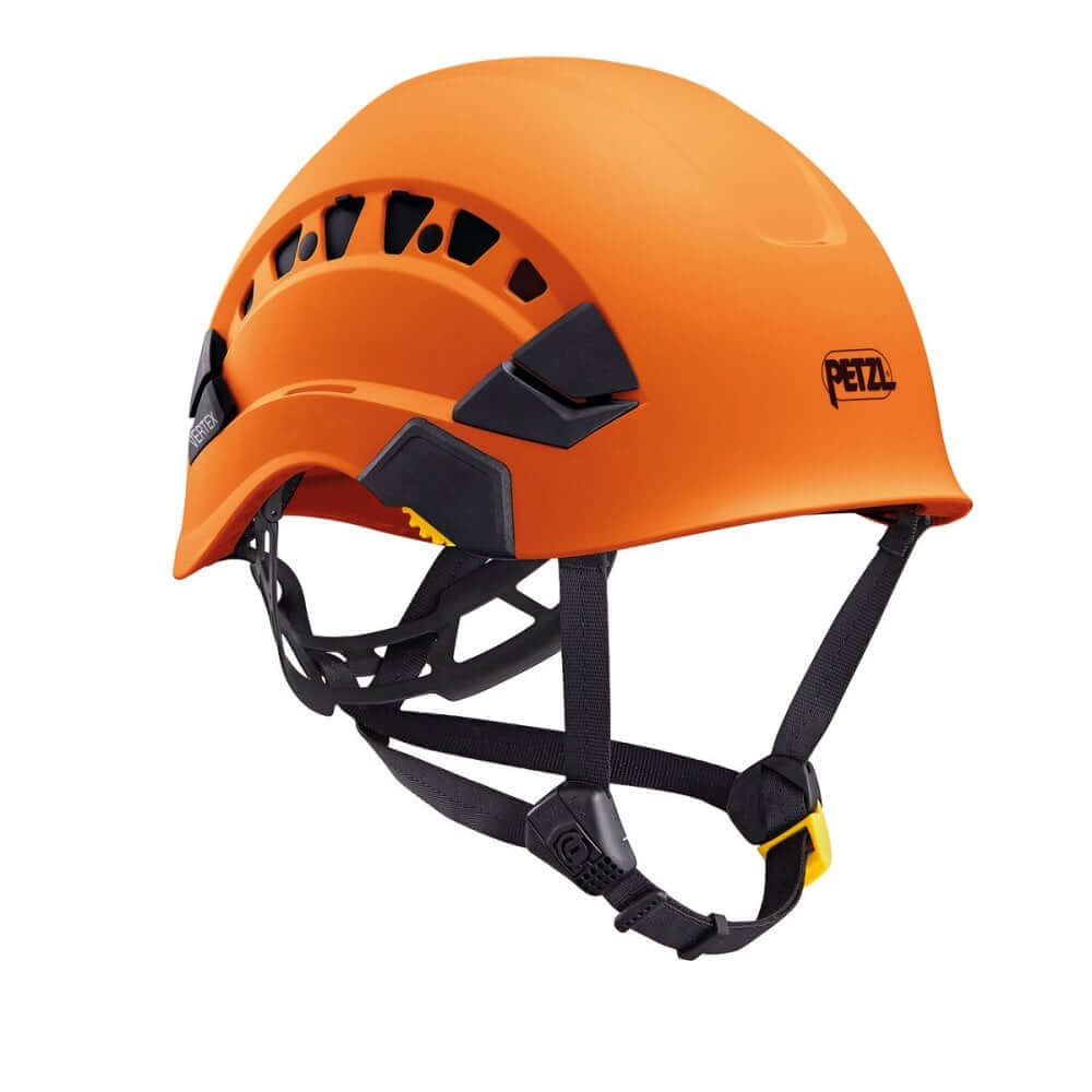 Petzl Vertex Vent Climbing Helmet, orange, comfortable for tree surgeons, features ventilation and secure fit systems.