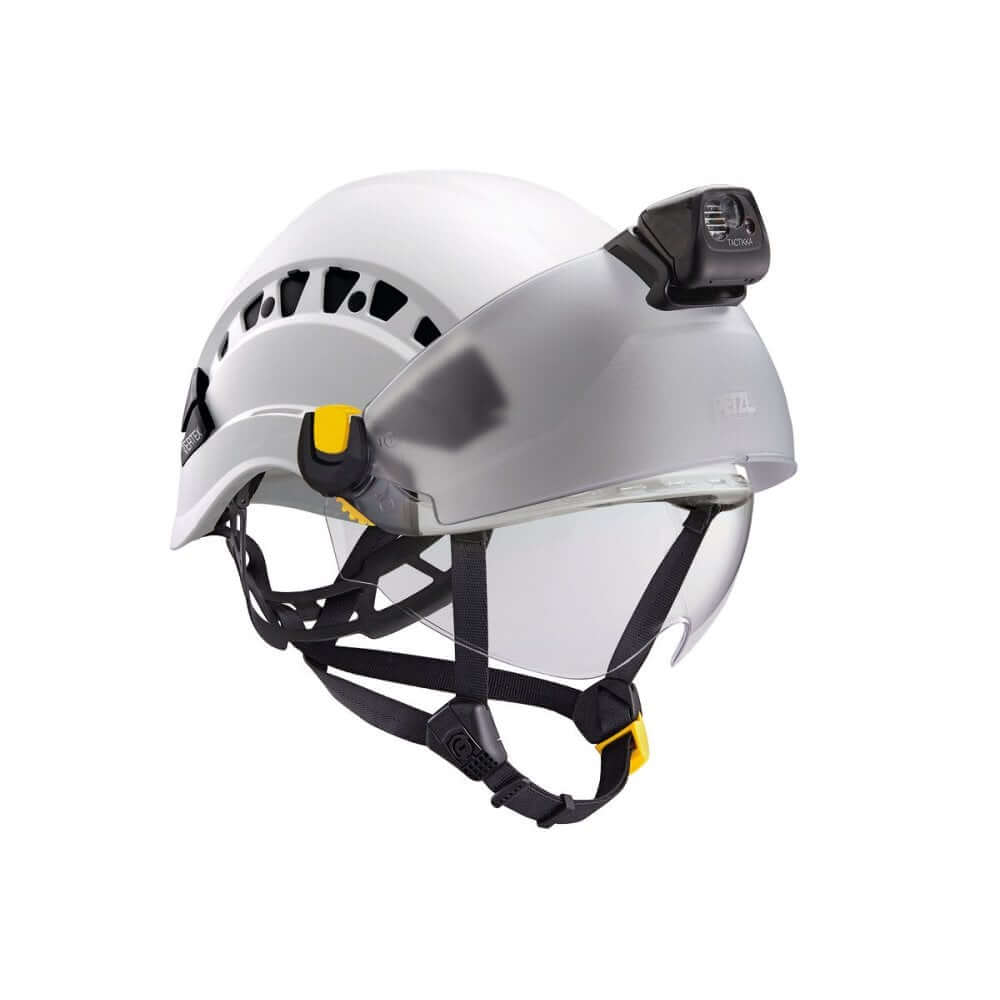 Petzl Vertex Vent Climbing Helmet with visor, ideal for tree surgeons and work at height, featuring a secure fit system.