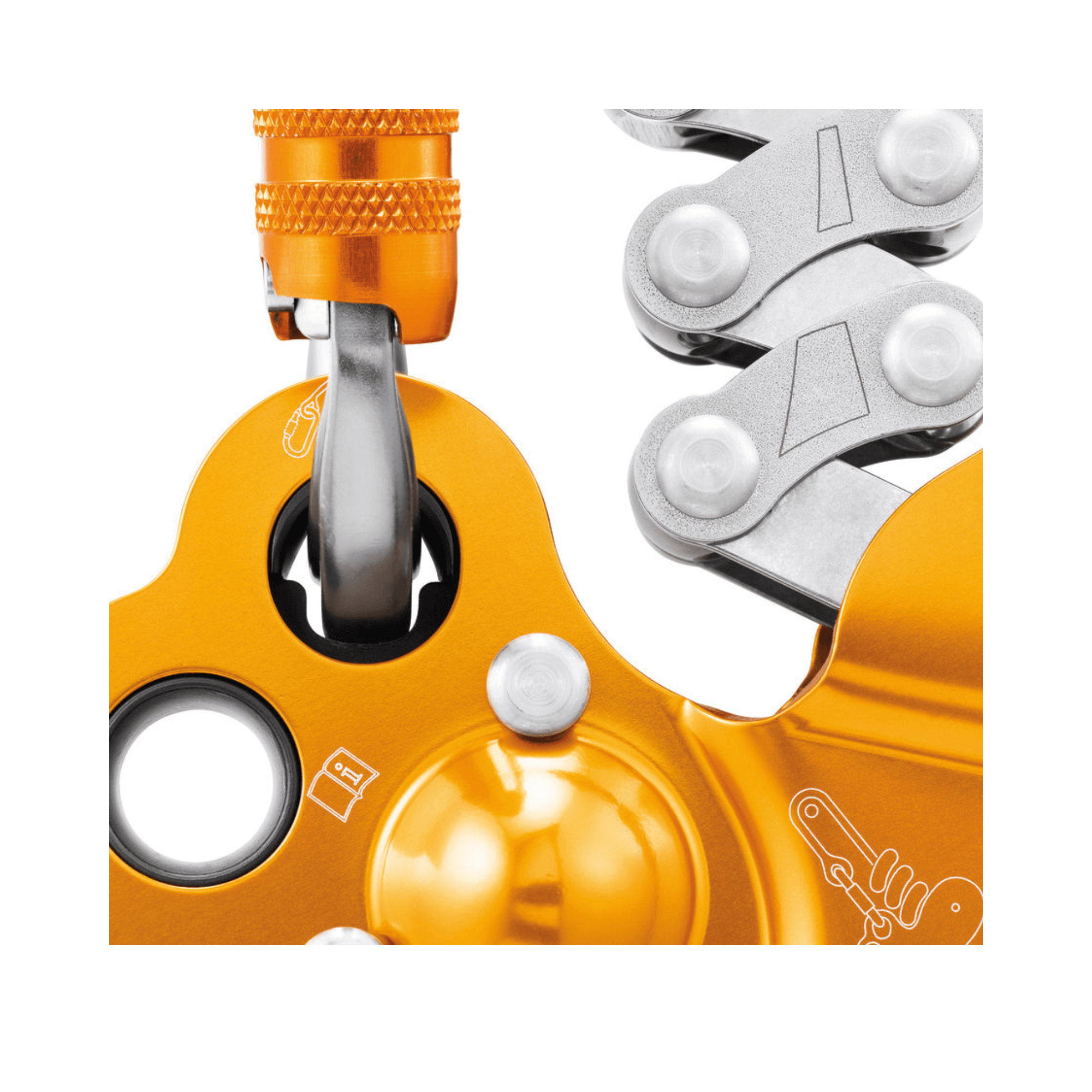 Close-up of PETZL ZIGZAG PLUS mechanical Prusik highlighting the swivel and pulley system for tree surgeons.