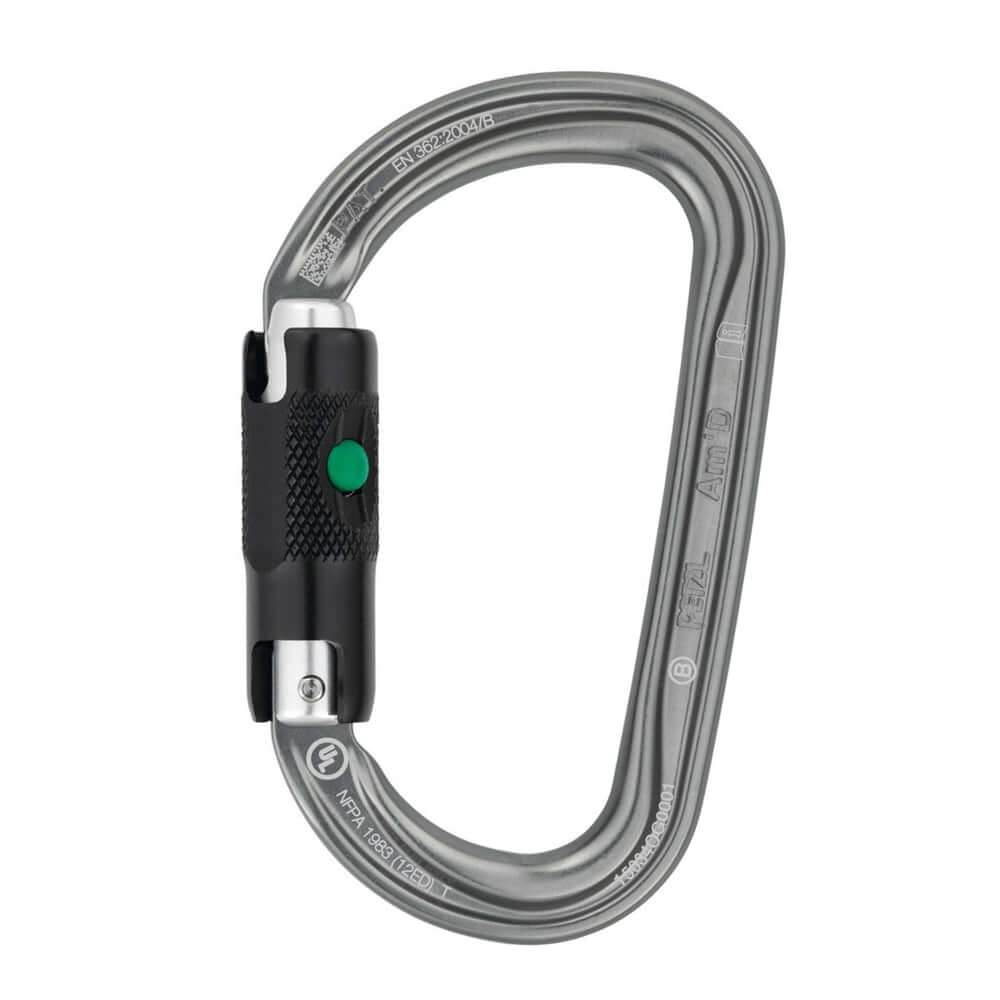 A silver Petzl Am'D Ball Lock Carabiner with a keylock system and a green indicator on the gate.