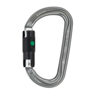 A silver Petzl Am'D Ball Lock Carabiner with a keylock system and a green indicator on the gate.