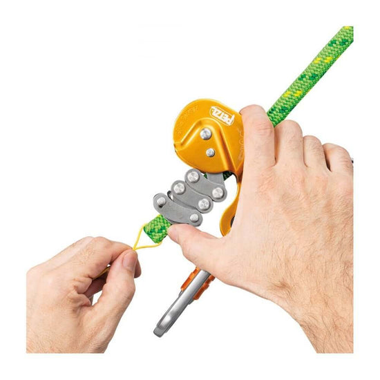 Close-up of hands using a Petzl climbing device with green rope, ideal for tree surgeons.