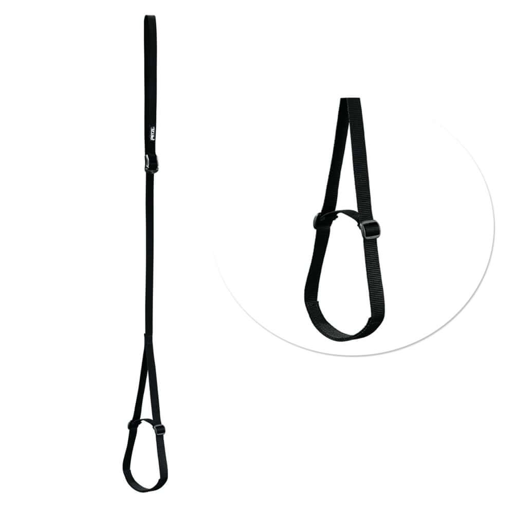 A black Petzl FOOTAPE foot loop attached to an ASCENSION ascender, designed for use in climbing equipment.