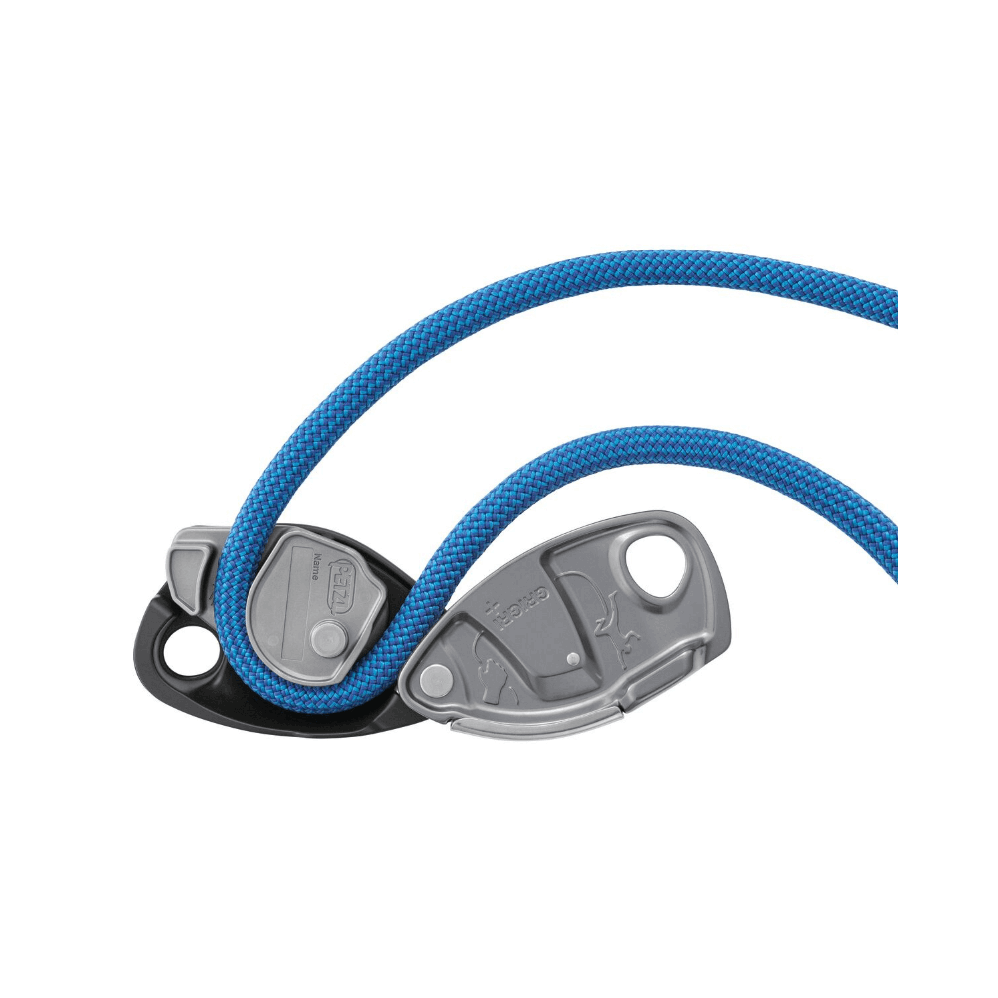 PETZL GRIGRI® + belay device with blue rope, ideal for tree surgeons and top rope climbing.