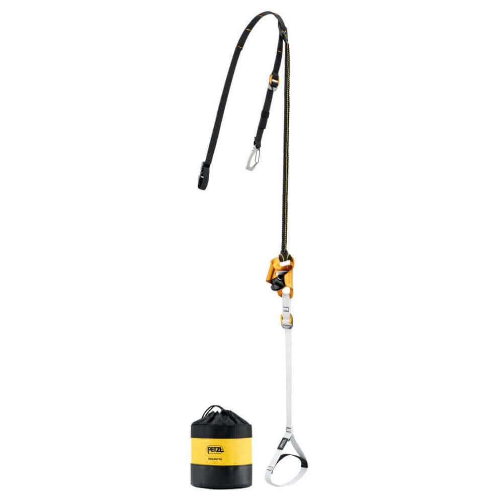 Petzl Knee Ascender Ascent Loop system with upper strap, lower strap with foot loop, and a yellow and black tool pouch.
