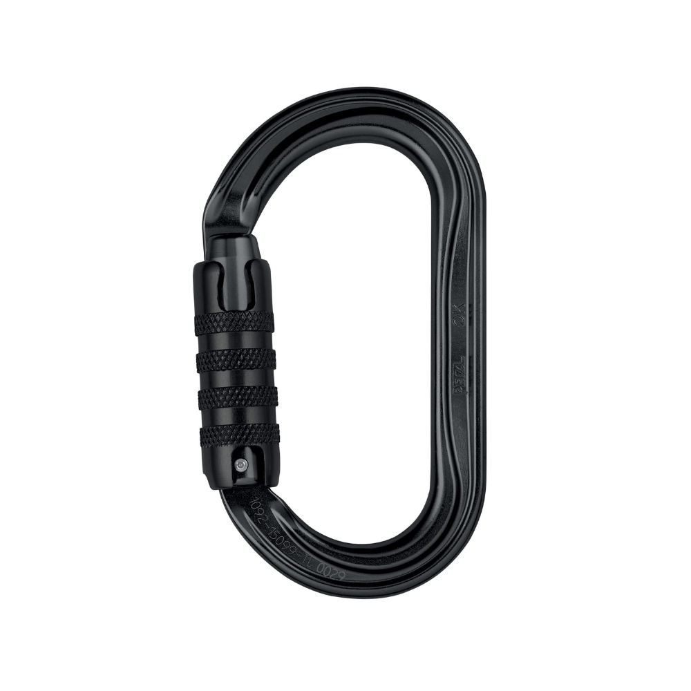 A silver oval-shaped Petzl aluminium carabiner with an orange keylock system.
