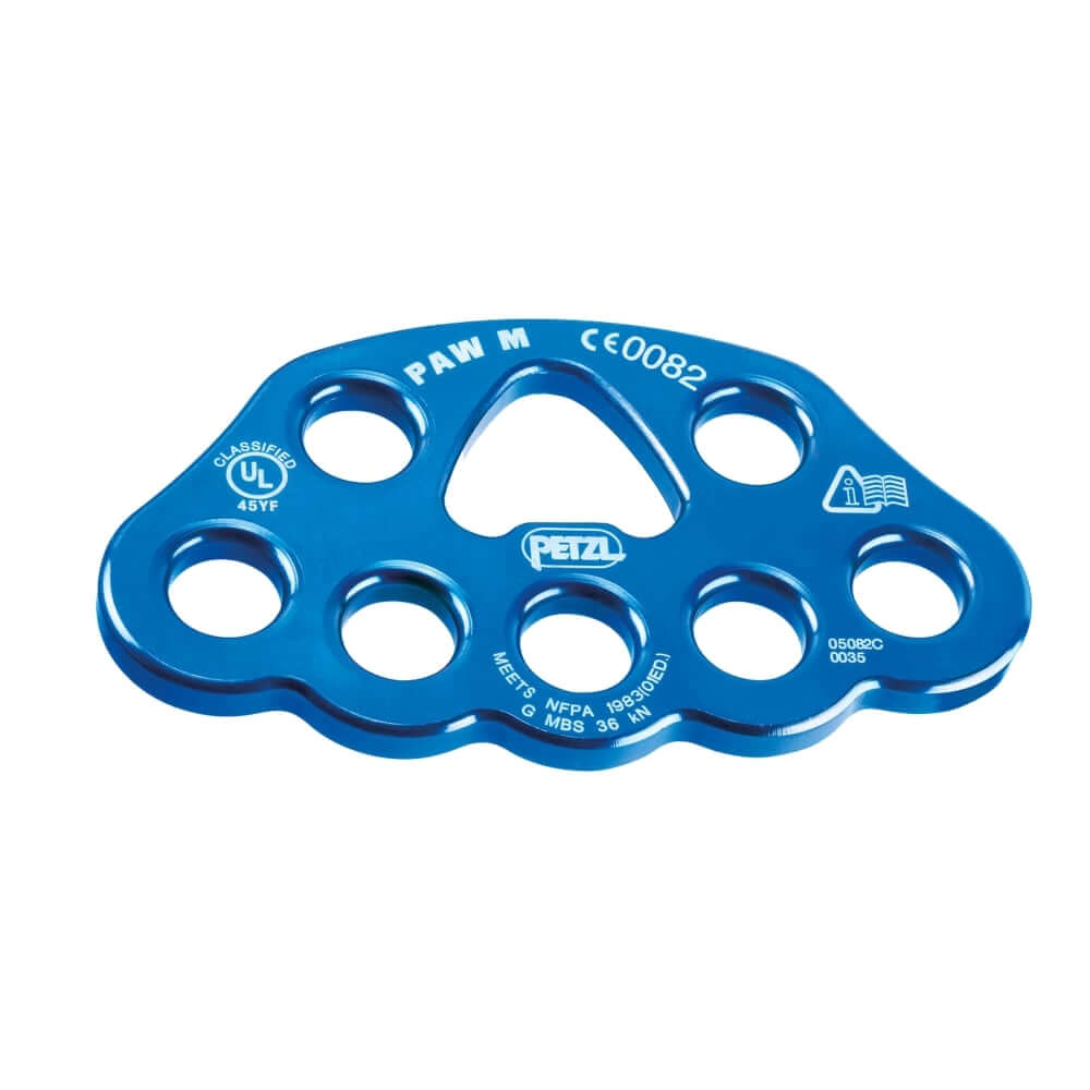 Petzl PAW rigging plate in blue for tree surgeons, ideal for workstation organization and multi-anchor setups.