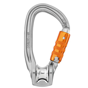 A silver-colored Petzl Rollclip Z Pulley Carabiner with an orange locking mechanism, designed for climbing and mountaineering.