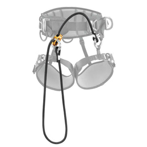 The image shows a black adjustable attachment bridge with a yellow rope clamp, connected to a grey harness.