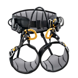 Petzl Sequoia Tree Climbing Harness with adjustable straps and multiple attachment points, primarily black with some gray and yellow accents.