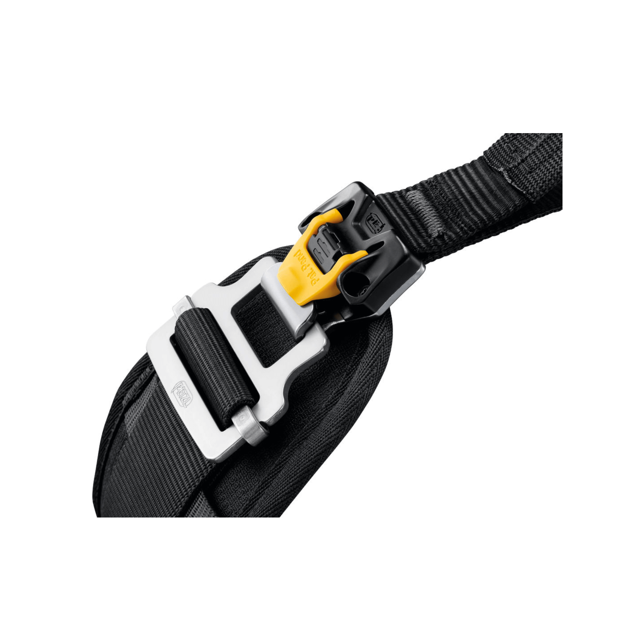 Close-up of PETZL SEQUOIA tree climbing harness buckle, designed for tree surgeons and optimized for safety.