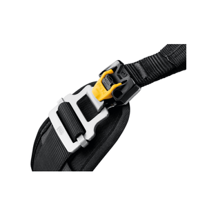 Close-up of PETZL SEQUOIA tree climbing harness buckle, designed for tree surgeons and optimized for safety.