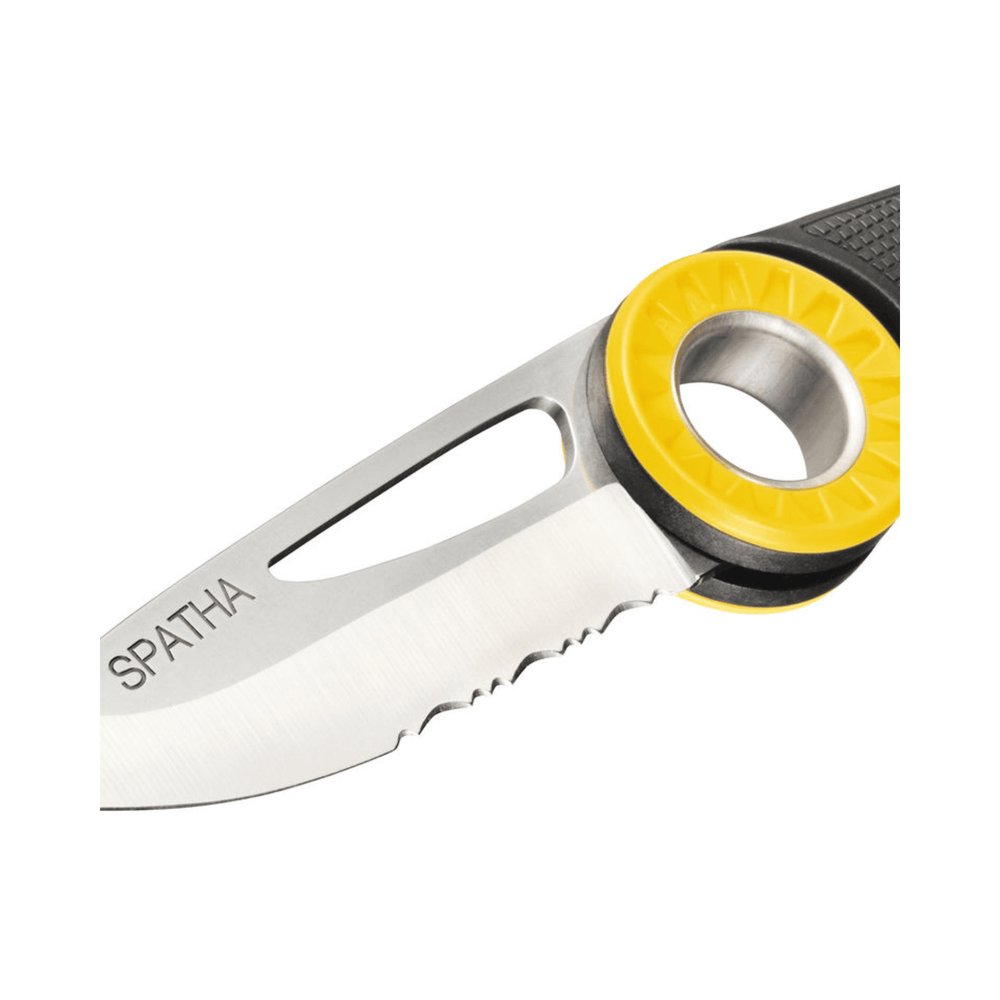 Close-up of the PETZL SPATHA climbing safety rope knife, featuring a durable blade and ergonomic grip, ideal for tree surgeons.