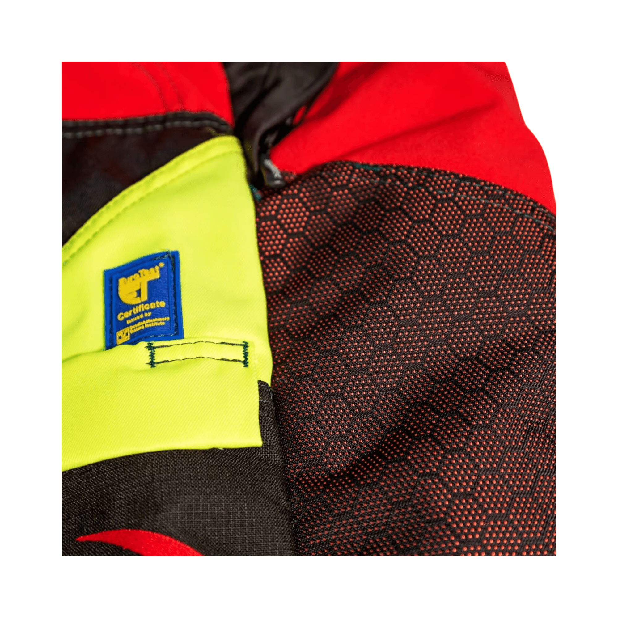 Close-up detail of the fabric and certification label on Gladiator Extreme Chainsaw Trousers Type A.