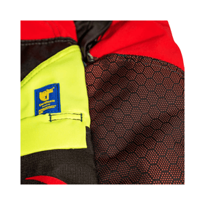 Close-up detail of the fabric and certification label on Gladiator Extreme Chainsaw Trousers Type A.