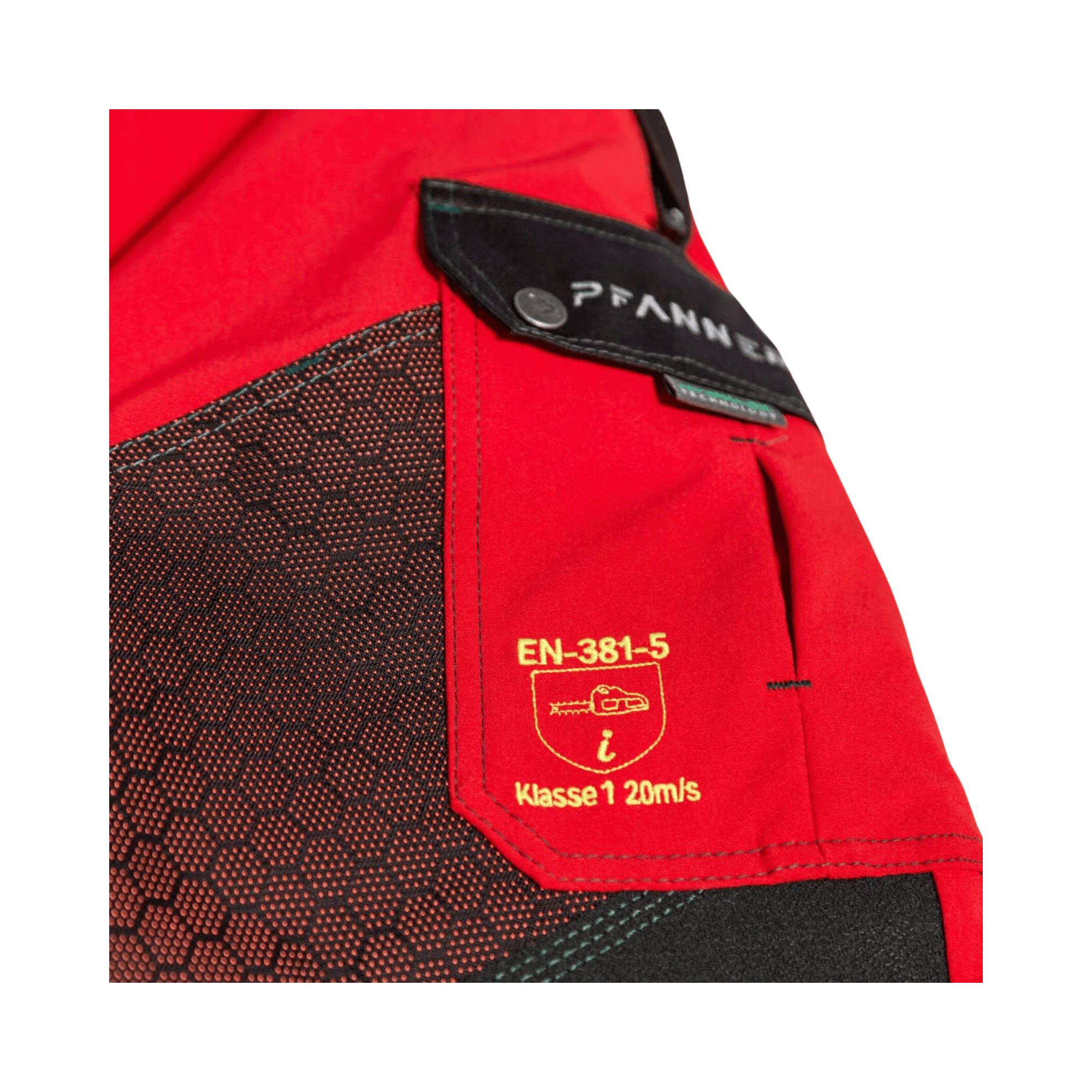 Close-up of Pfanner Gladiator Extreme Chainsaw Trousers Type A featuring safety label and durable material.
