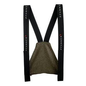 A pair of Pfanner branded braces with adjustable black straps and a solid green suspender belt.