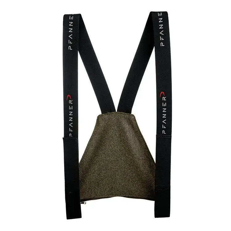 A pair of Pfanner branded braces with adjustable black straps and a solid green suspender belt.