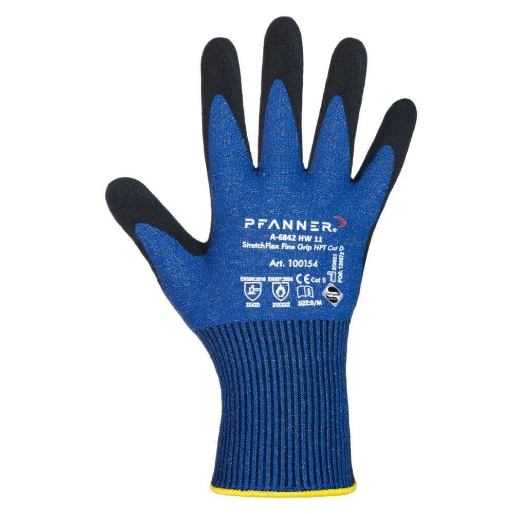Blue work glove with black palm on a white background, featuring Pfanner branding.